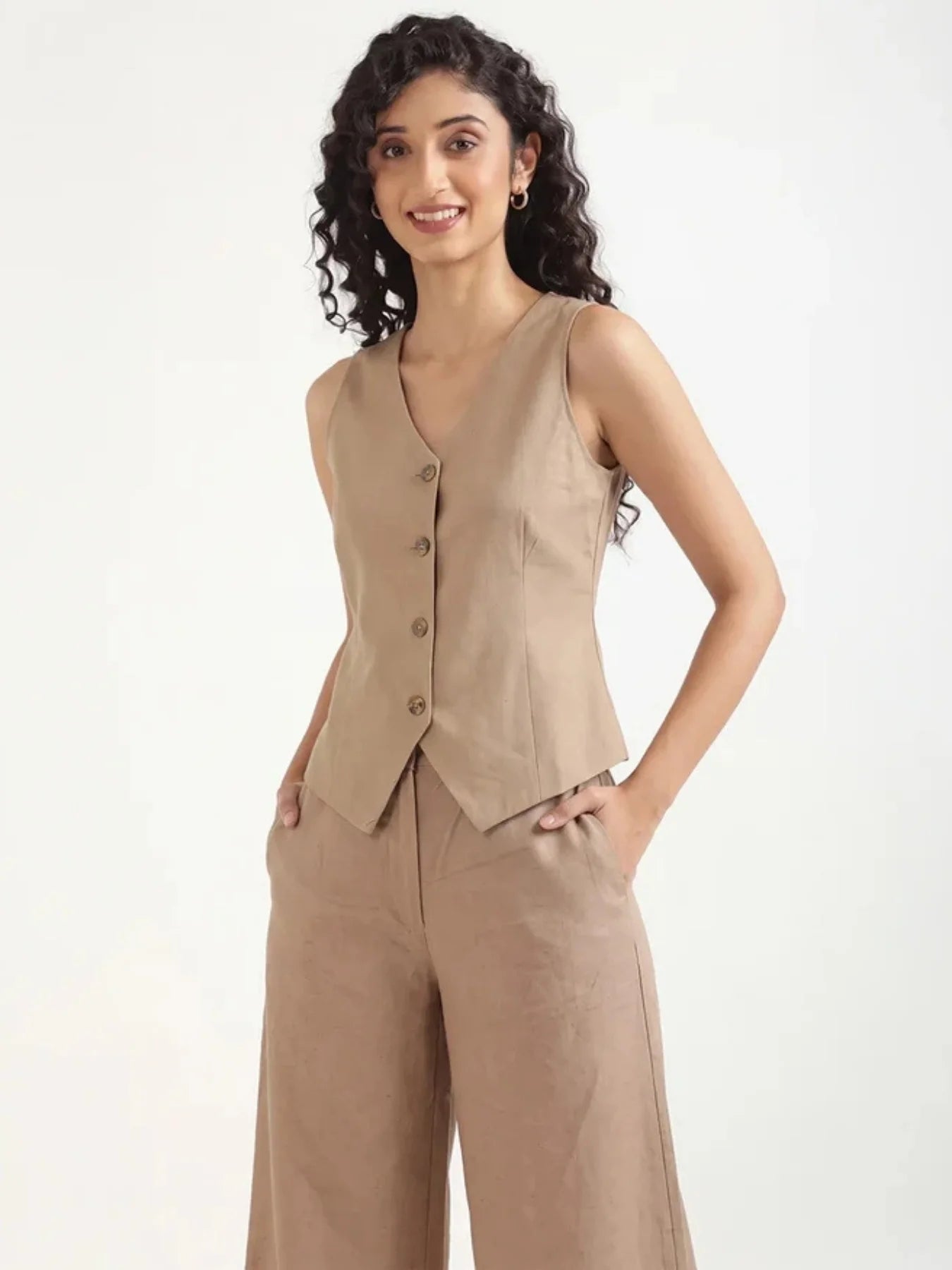 Women Khakhi Airy Linen Waist Coat