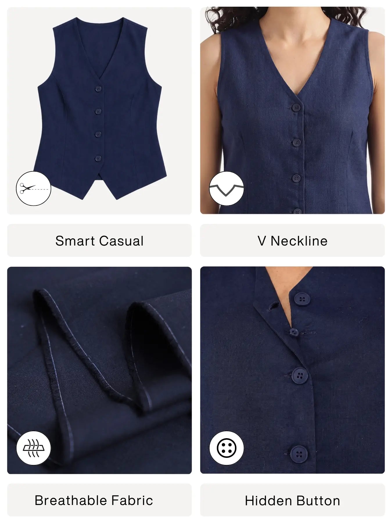 Women Navy Blue Airy Linen Waist Coat