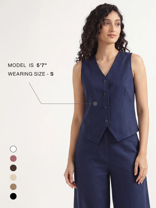 Women Navy Blue Airy Linen Waist Coat