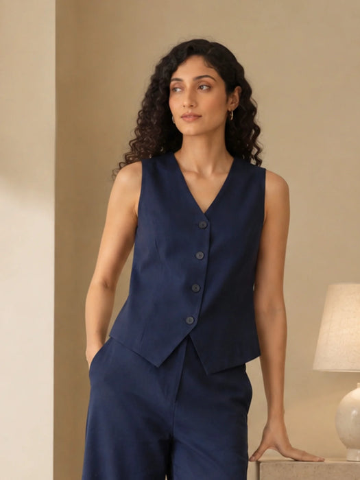 Women Navy Blue Airy Linen Waist Coat