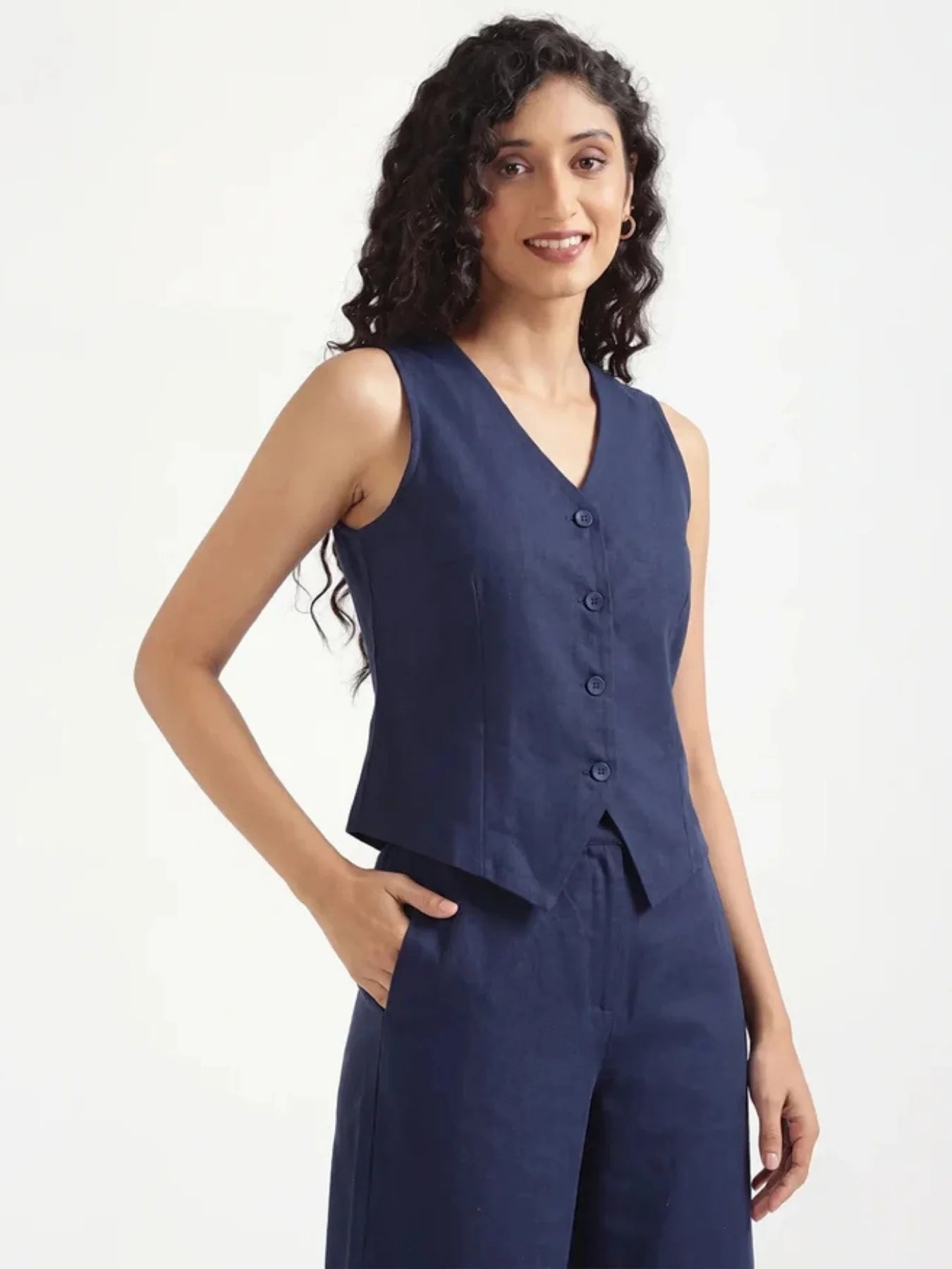 Women Navy Blue Airy Linen Waist Coat