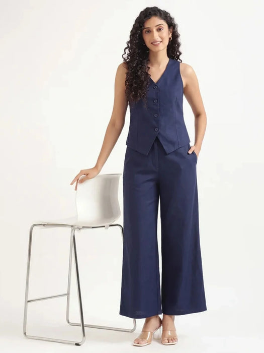 Women Navy Blue Airy Linen Waist Coat