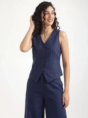 Women Navy Blue Airy Linen Waist Coat