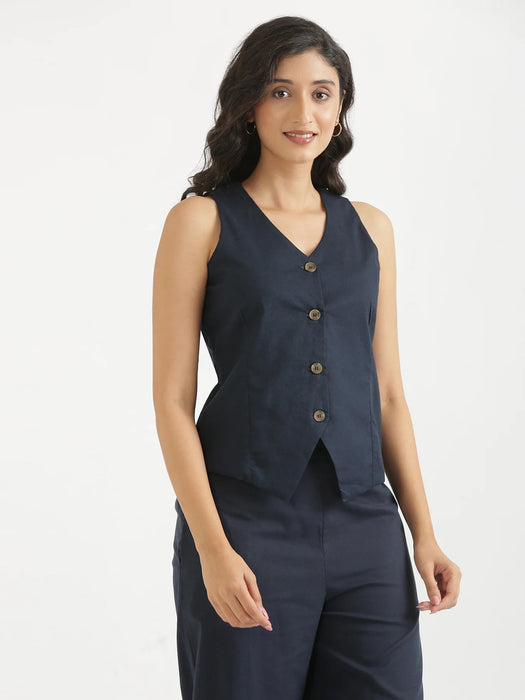 Women Navy Blue Airy Linen Waist Coat