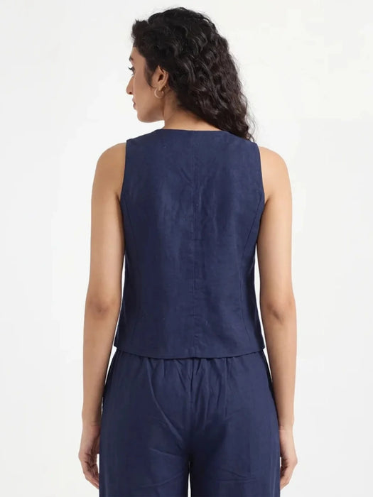 Women Navy Blue Airy Linen Waist Coat