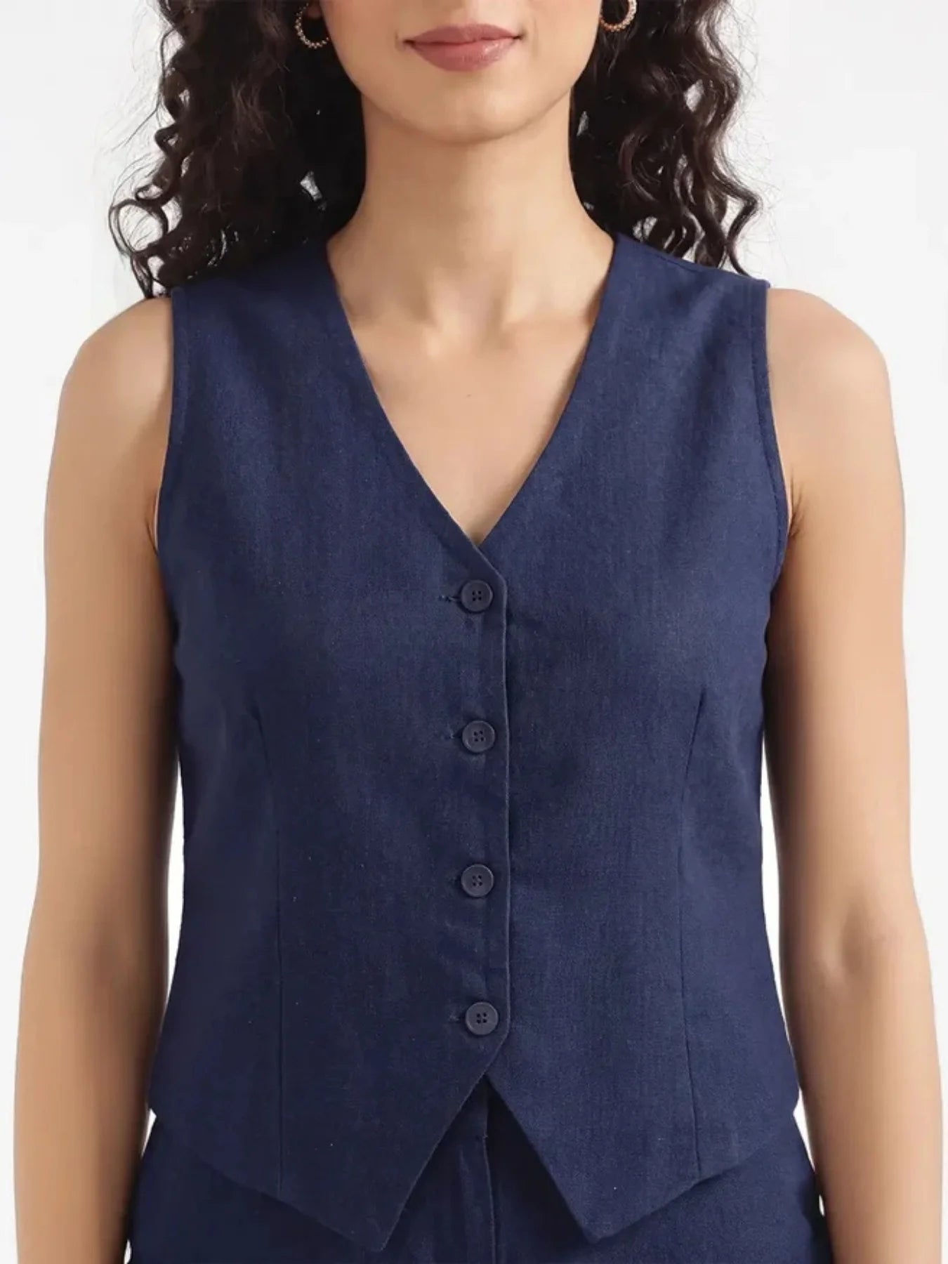 Women Navy Blue Airy Linen Waist Coat