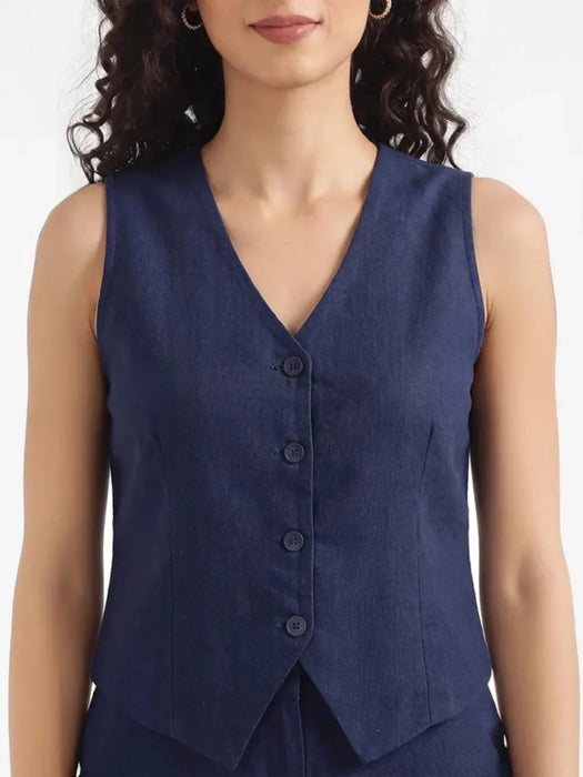 Women Navy Blue Airy Linen Waist Coat