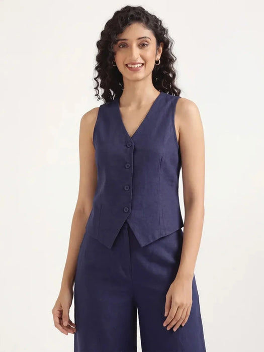 Women Navy Blue Airy Linen Waist Coat