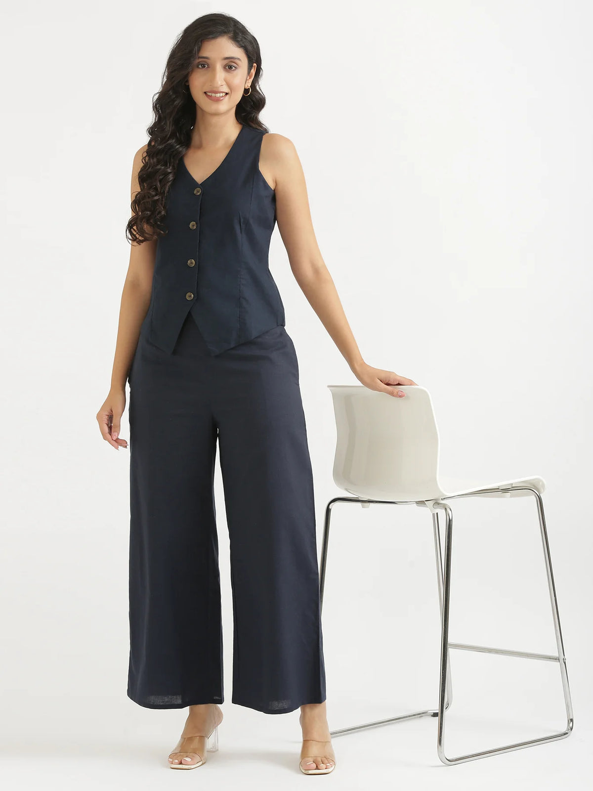 Women Navy Blue Airy Linen Waist Coat
