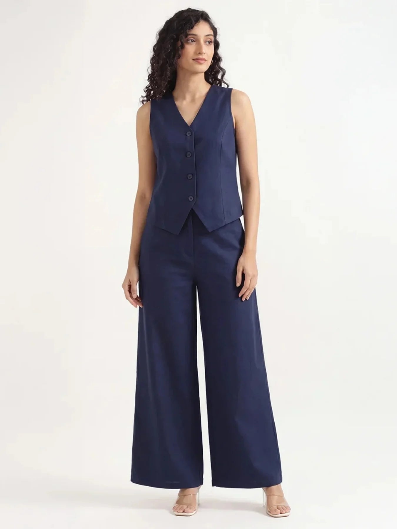 Women Navy Blue Airy Linen Waist Coat
