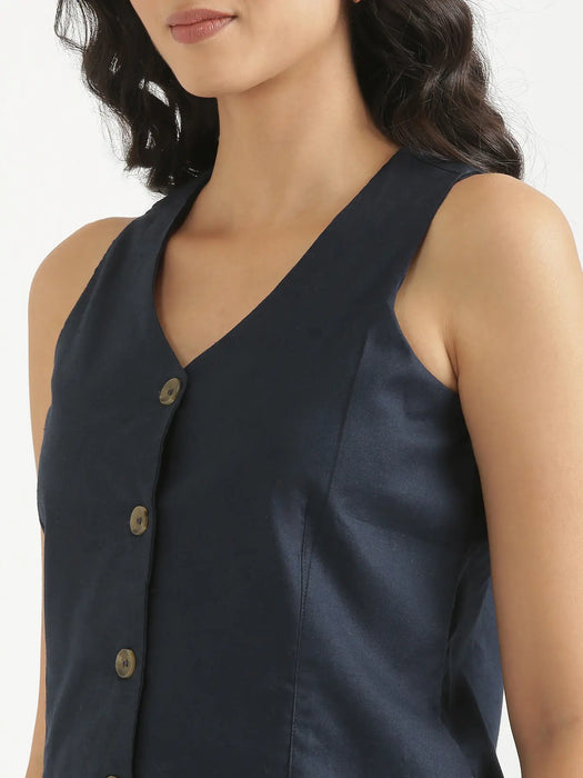 Women Navy Blue Airy Linen Waist Coat