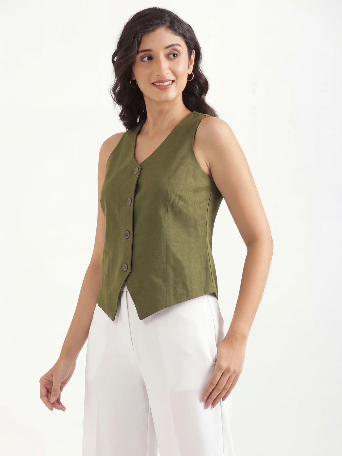 Women Olive Green Airy Linen Waist Coat