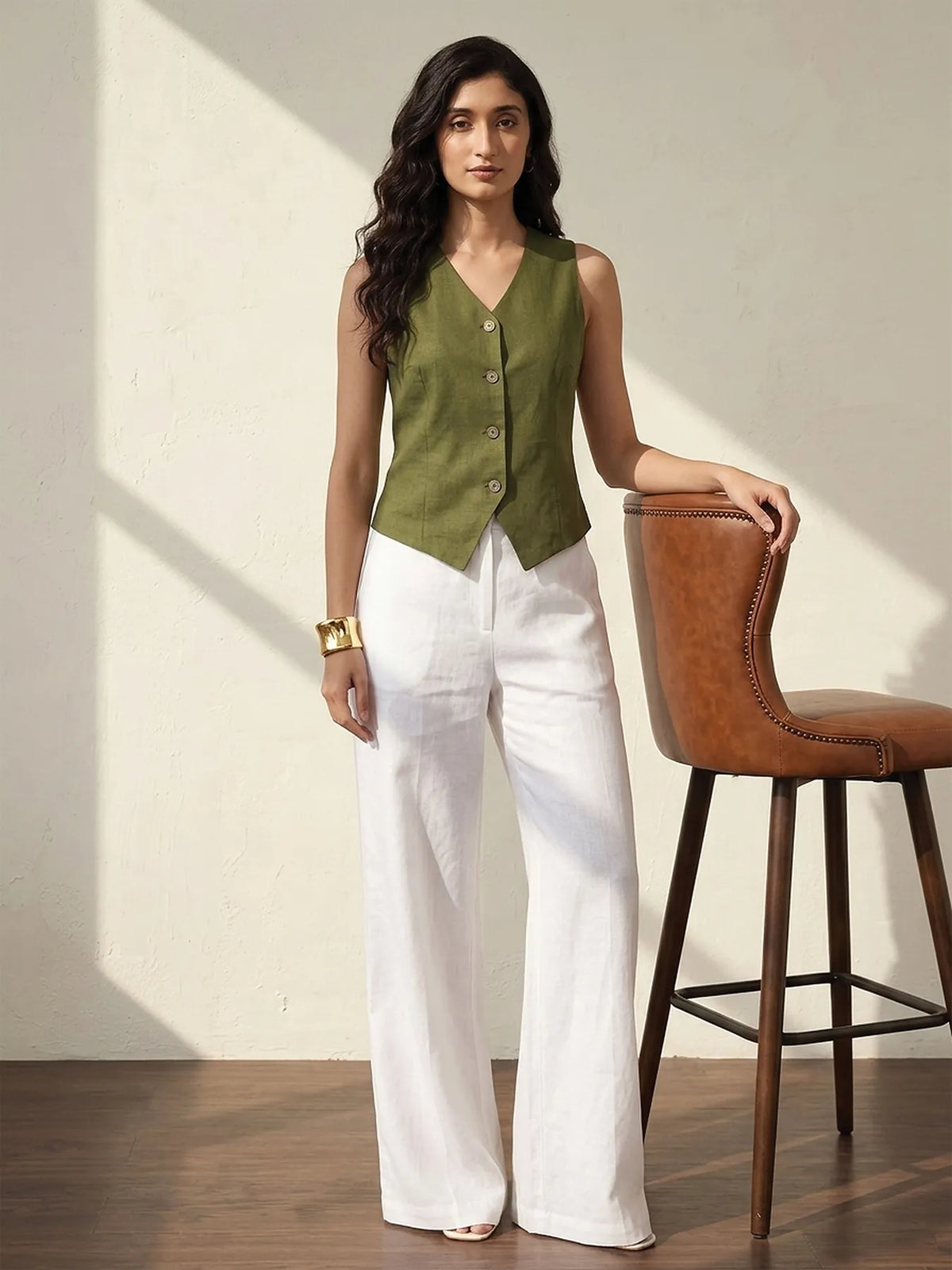 Women Olive Green Airy Linen Waist Coat
