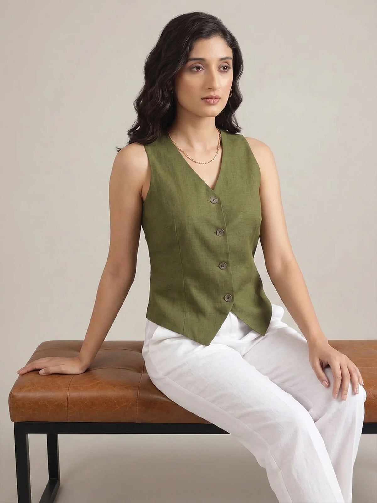 Women Olive Green Airy Linen Waist Coat