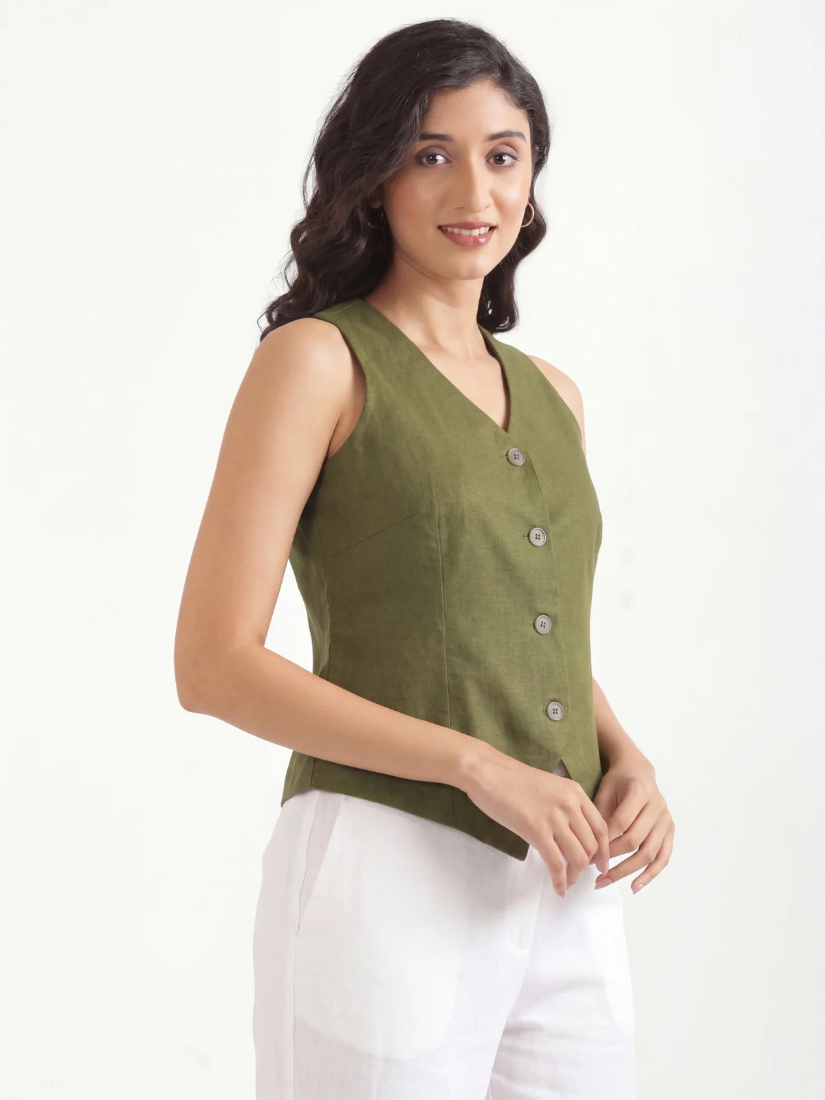 Women Olive Green Airy Linen Waist Coat