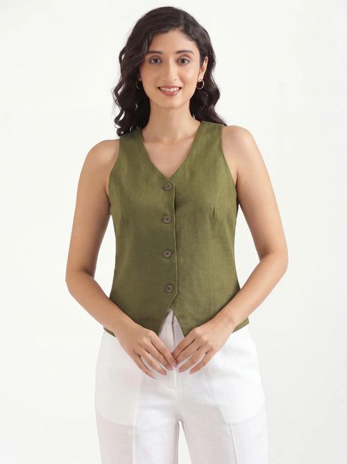 Women Olive Green Airy Linen Waist Coat