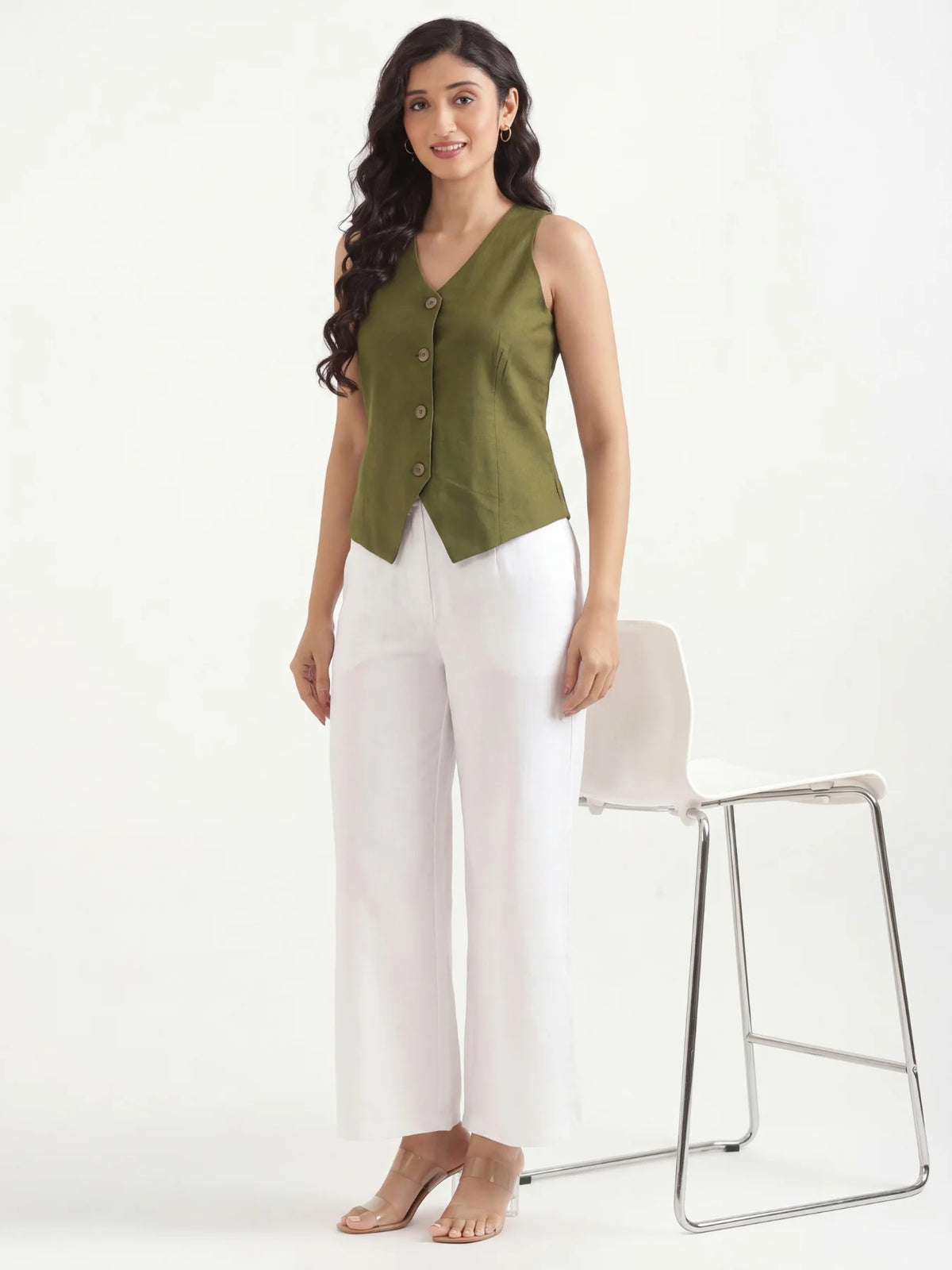 Women Olive Green Airy Linen Waist Coat