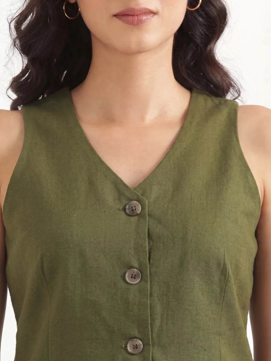Women Olive Green Airy Linen Waist Coat