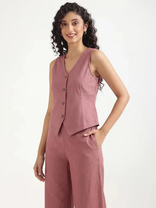 Women Rose Taupe Airy Linen Waist Coat