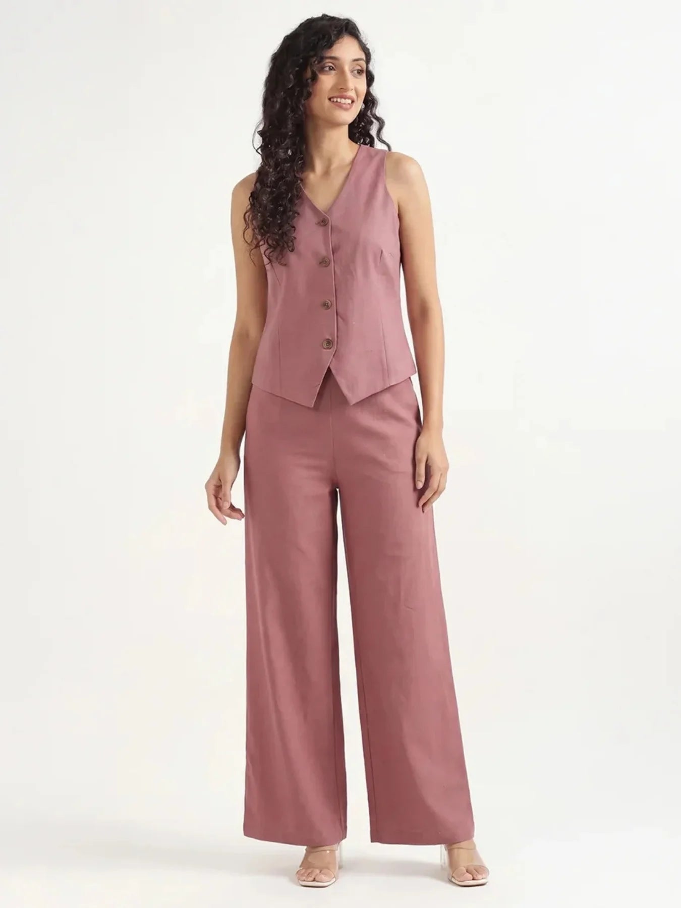 Women Rose Taupe Airy Linen Waist Coat
