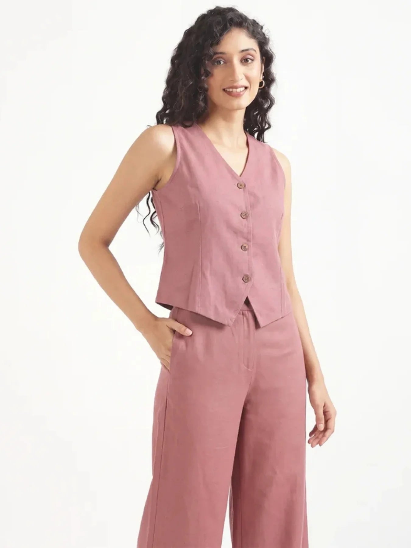 Women Rose Taupe Airy Linen Waist Coat