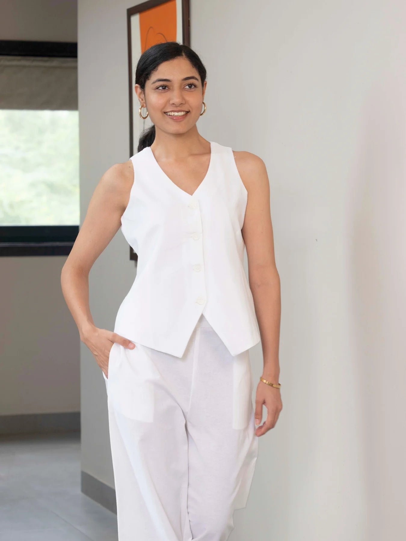 Women White Airy Linen Waist Coat