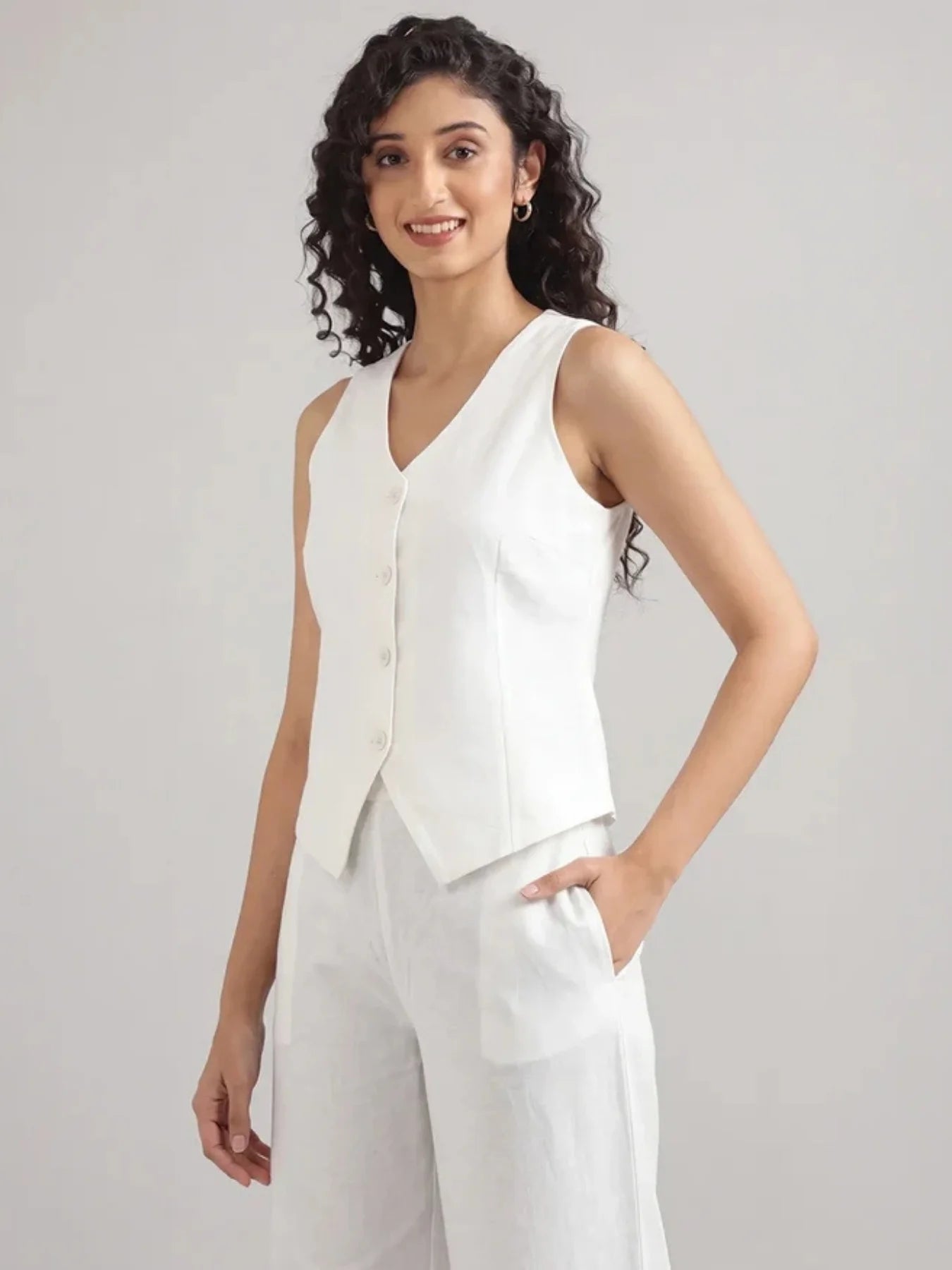 Women White Airy Linen Waist Coat