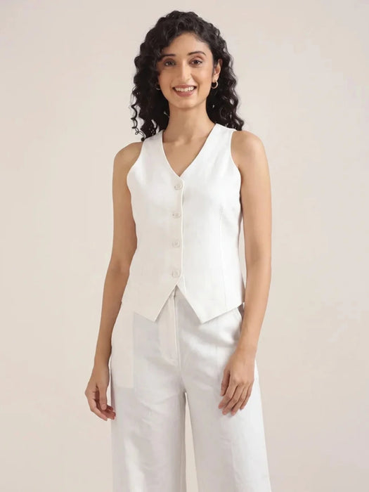 Women White Airy Linen Waist Coat