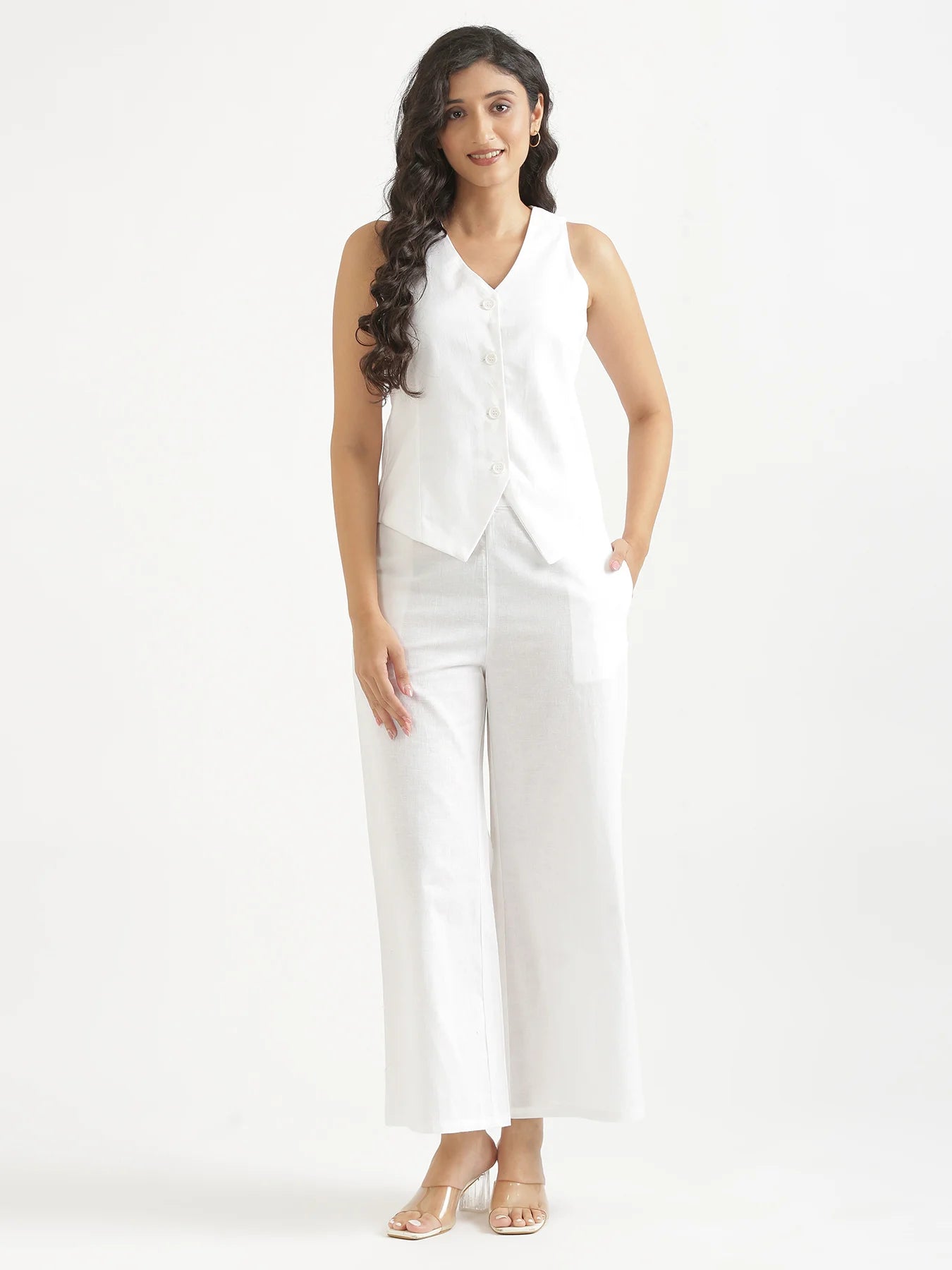 Women White Airy Linen Waist Coat