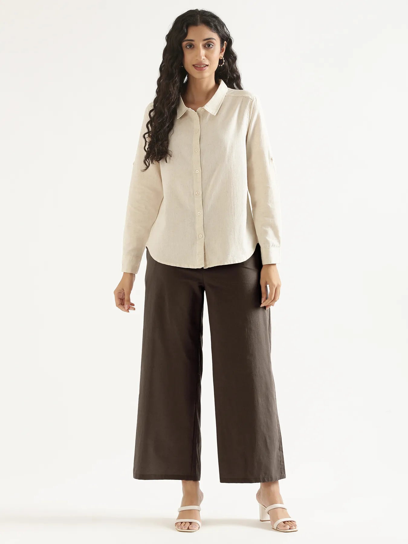 Women Dark Brown Airy Linen Wide Leg Pant
