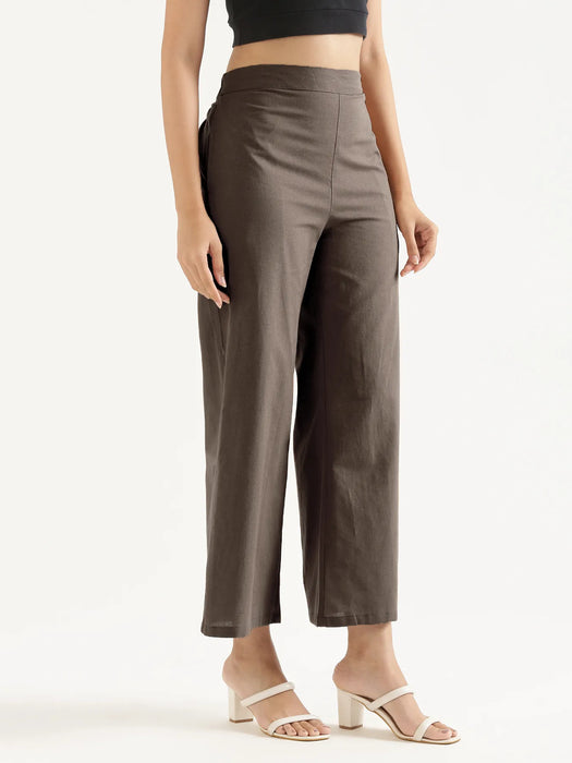 Women Dark Brown Airy Linen Wide Leg Pant