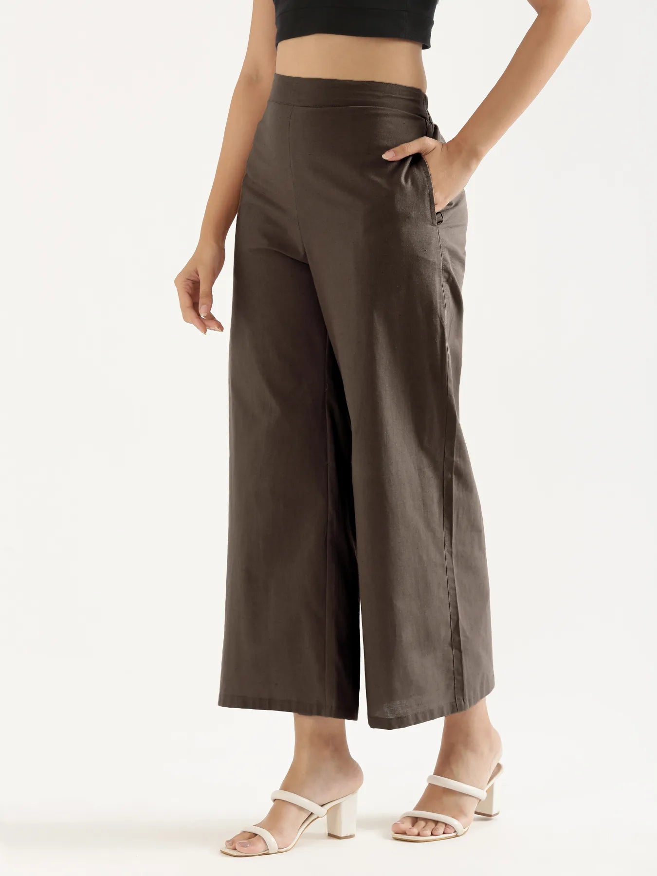 Women Dark Brown Airy Linen Wide Leg Pant