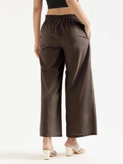 Women Dark Brown Airy Linen Wide Leg Pant