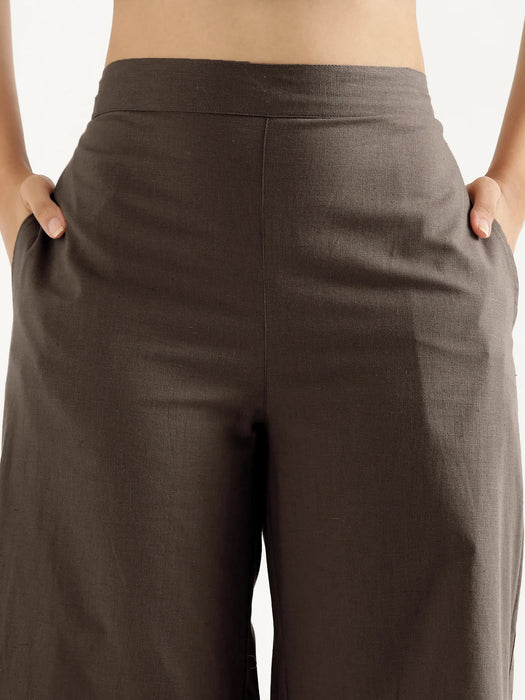 Women Dark Brown Airy Linen Wide Leg Pant