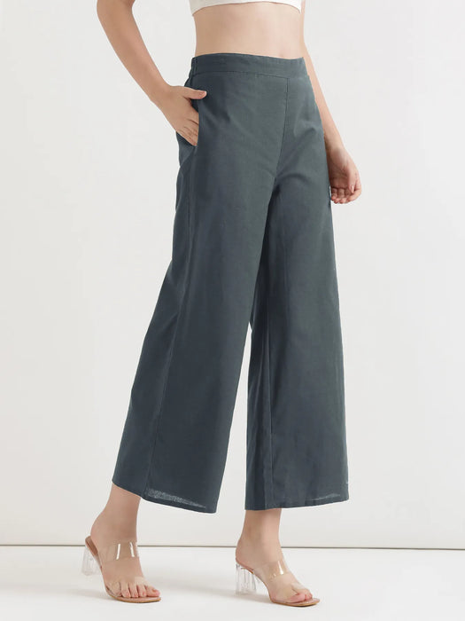 Women German Grey Airy Linen Wide Leg Pant