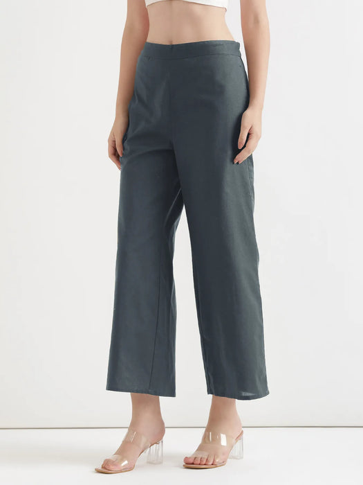Women German Grey Airy Linen Wide Leg Pant