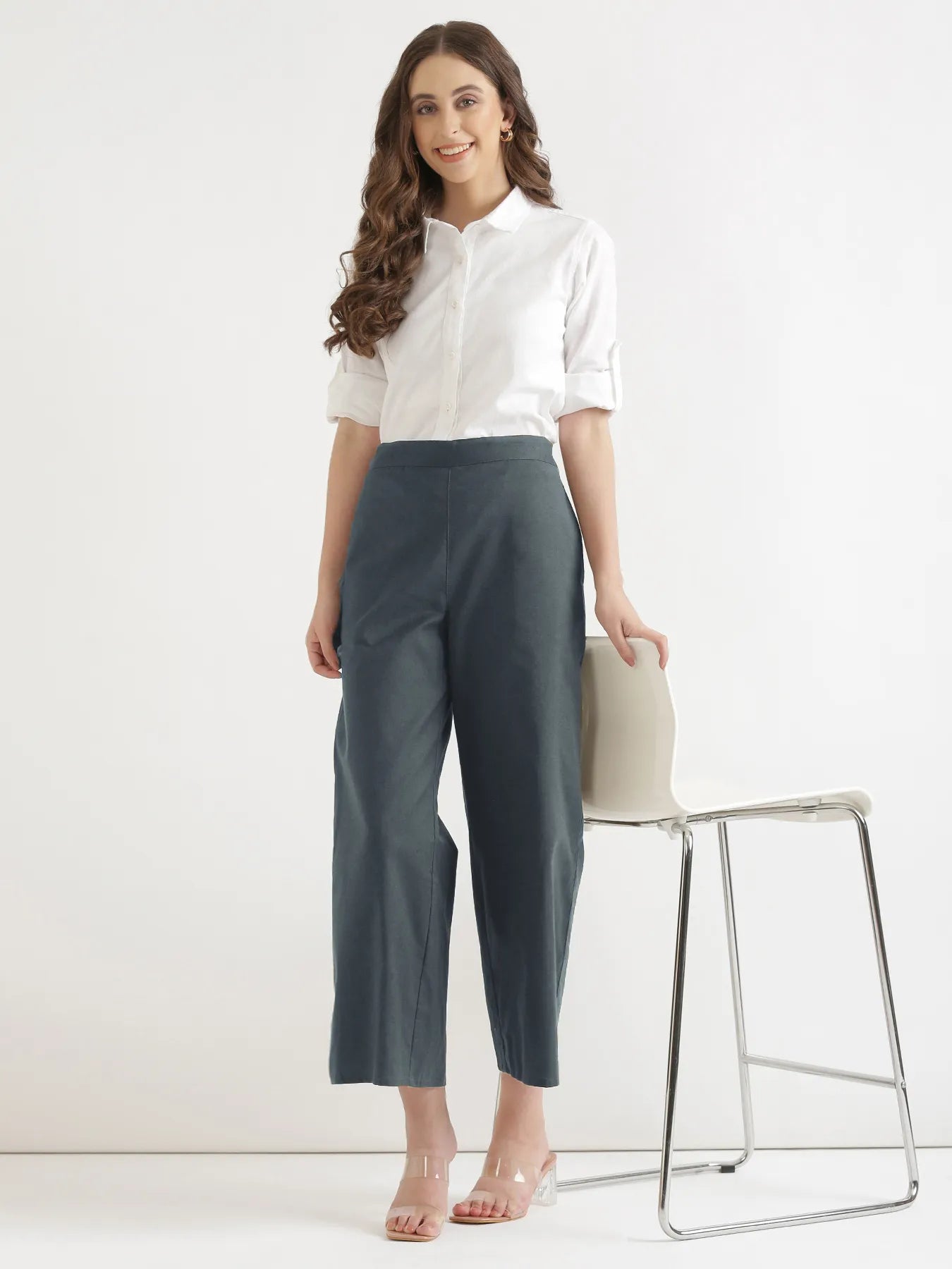 Women German Grey Airy Linen Wide Leg Pant