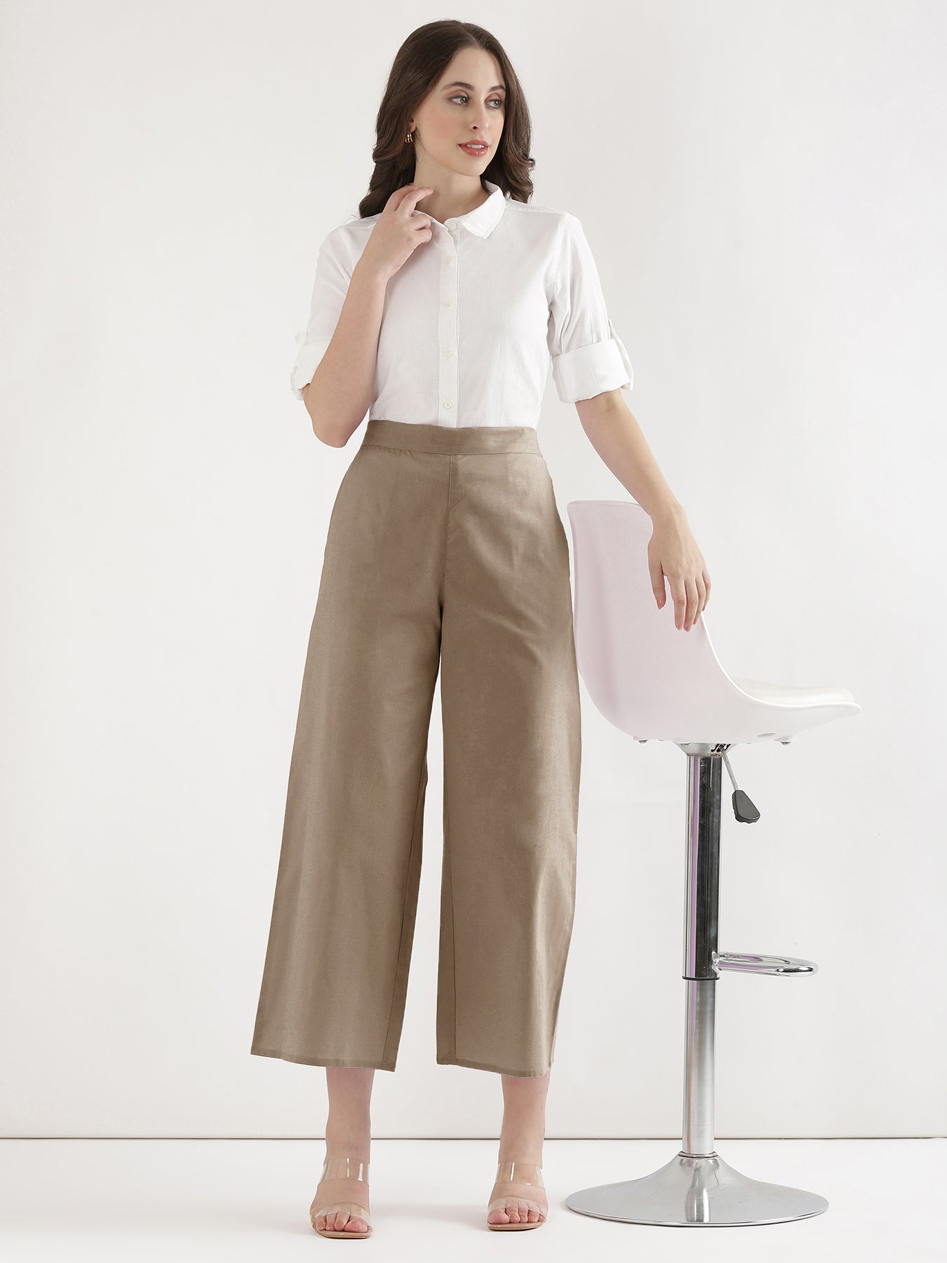 Women Khakhi Airy Linen Wide Leg Pant