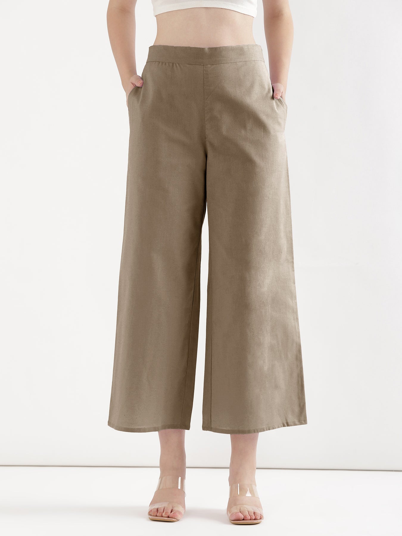 Women Khakhi Airy Linen Wide Leg Pant