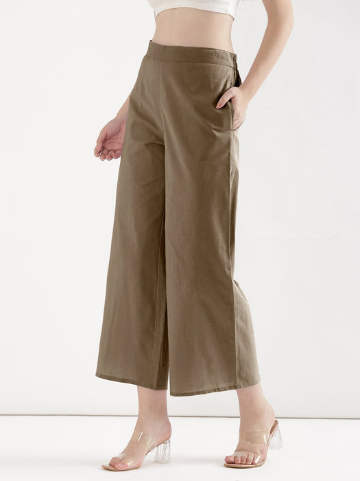Women Khakhi Airy Linen Wide Leg Pant