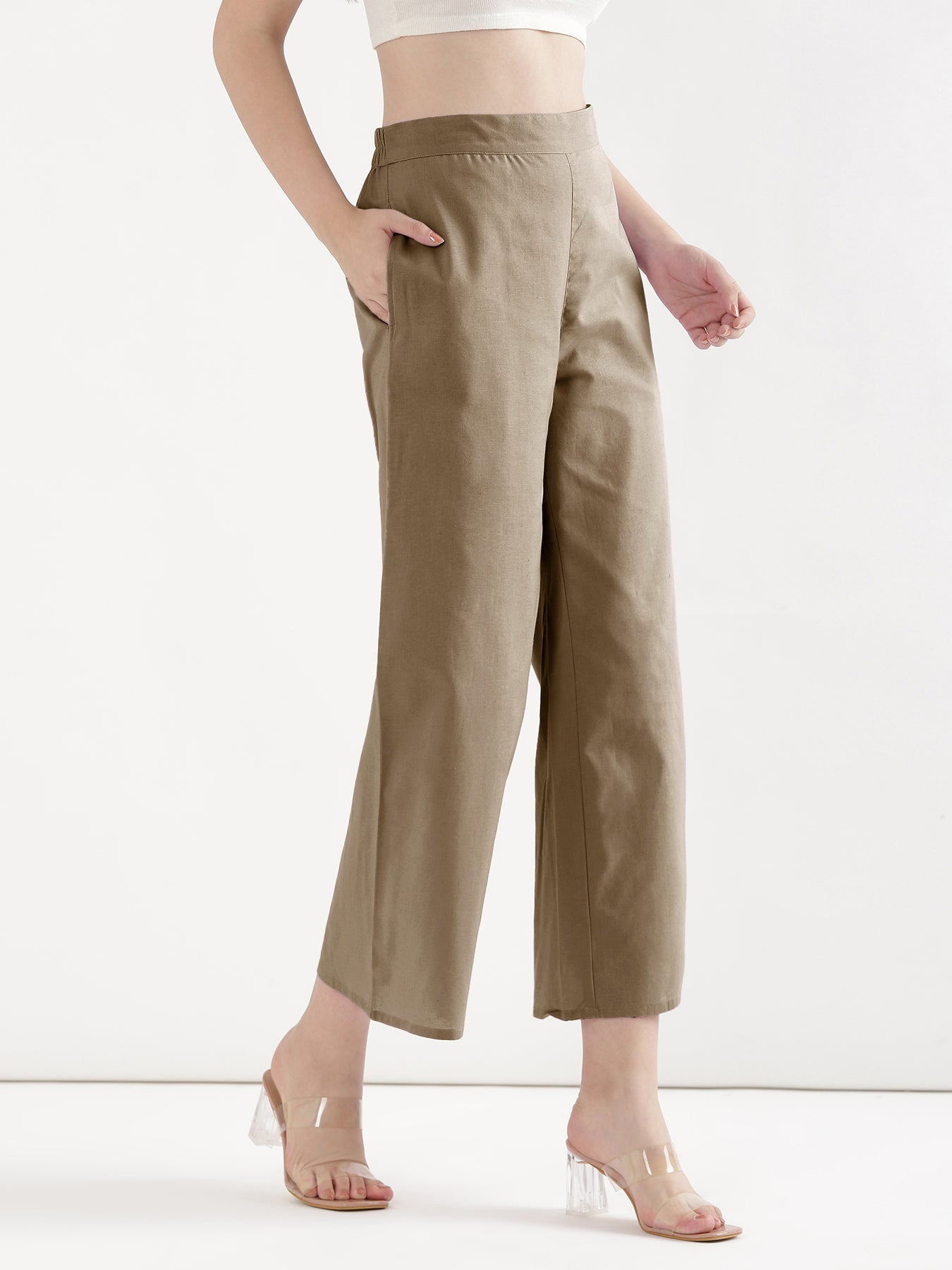 Women Khakhi Airy Linen Wide Leg Pant
