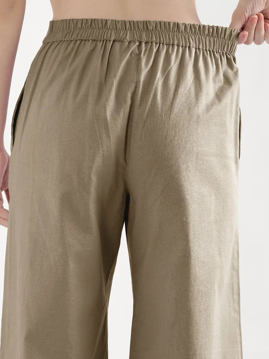 Women Khakhi Airy Linen Wide Leg Pant