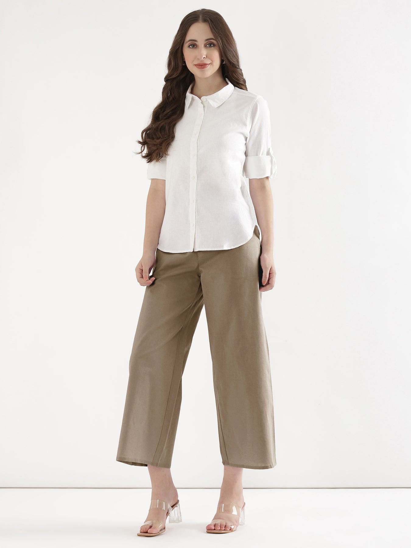 Women Khakhi Airy Linen Wide Leg Pant
