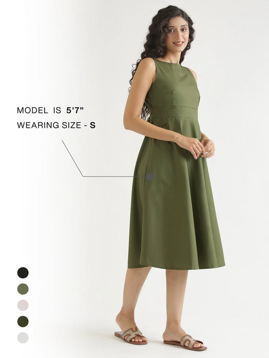 Women Forest Green Better Cotton Flared Dress