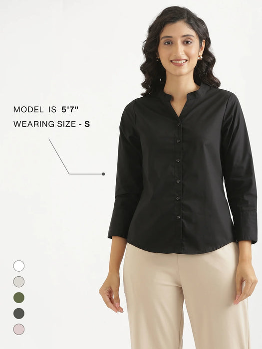 Women Black Better Cotton Mandarin Collar Shirt