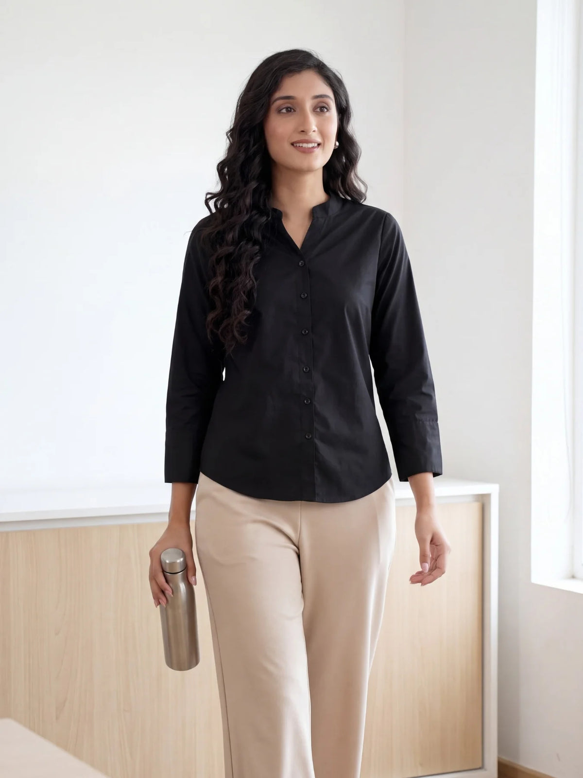 Women Black Better Cotton Mandarin Collar Shirt