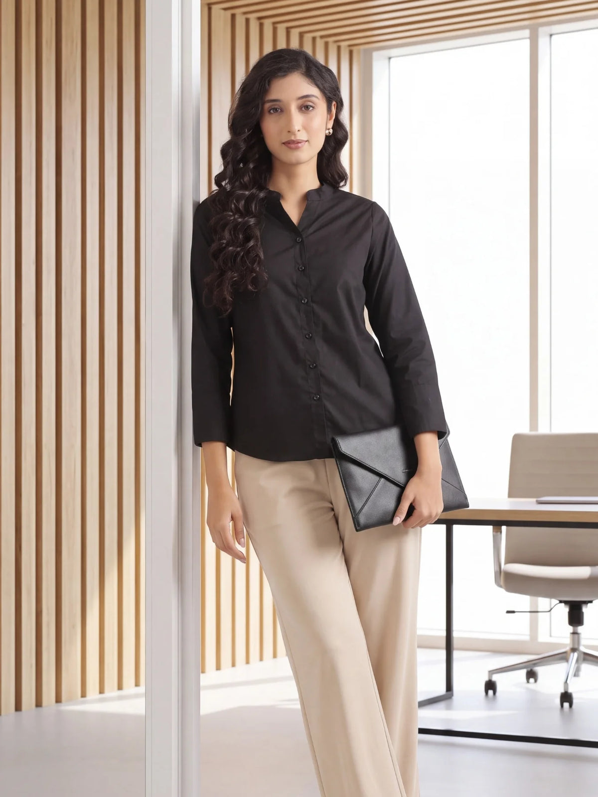 Women Black Better Cotton Mandarin Collar Shirt