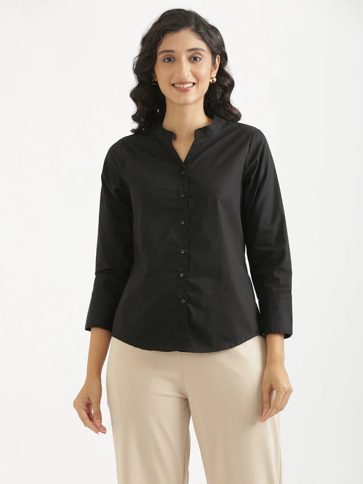 Women Black Better Cotton Mandarin Collar Shirt