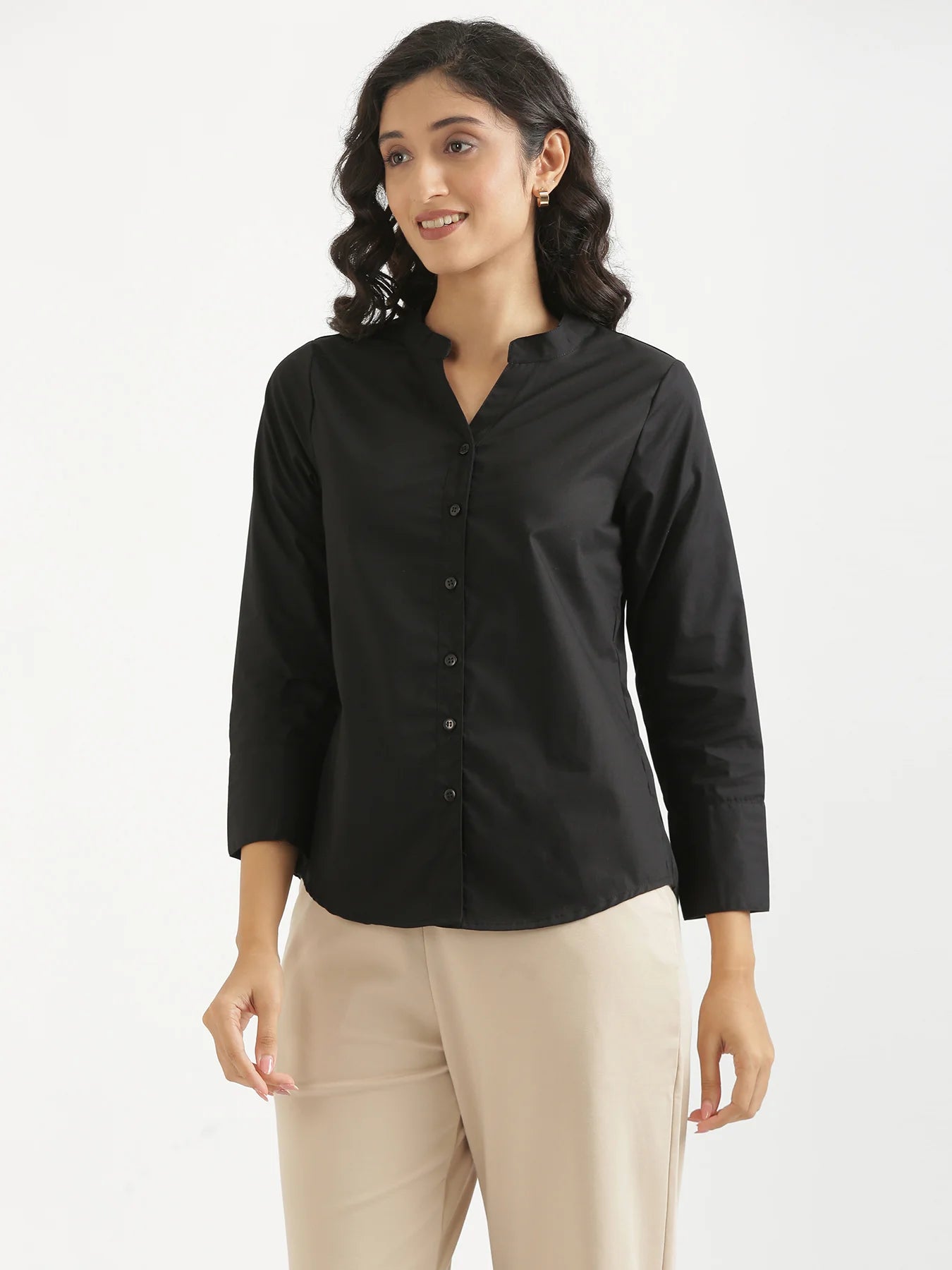 Women Black Better Cotton Mandarin Collar Shirt