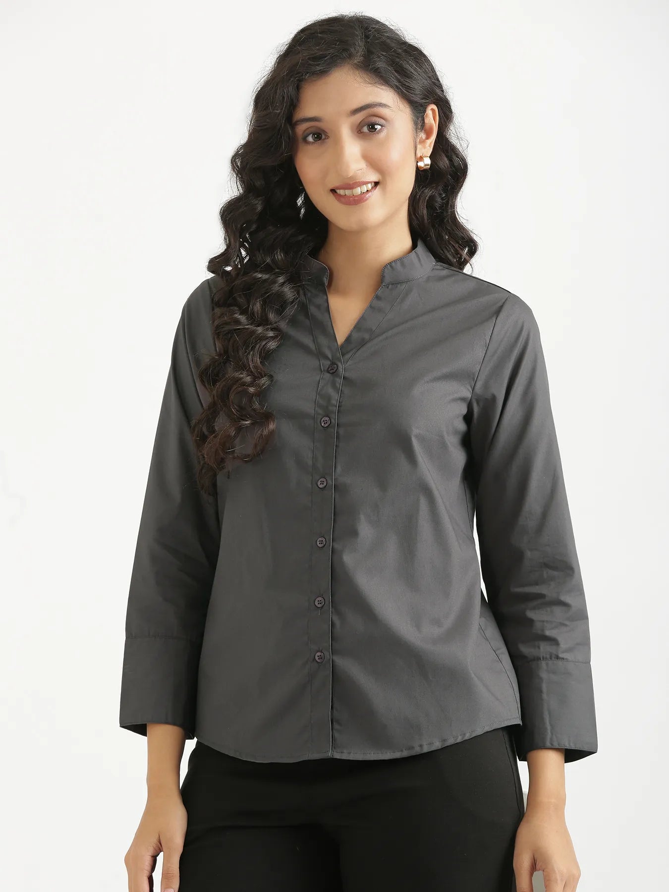 Women Dark Grey Better Cotton Mandarin Collar Shirt